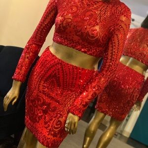 Red sequin skirt set